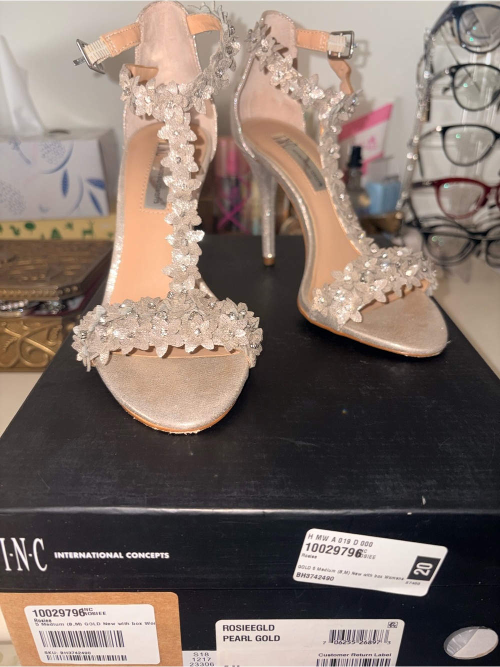 INC International Concepts Pearl Gold silver  Floral T-Strap Stiletto Heels